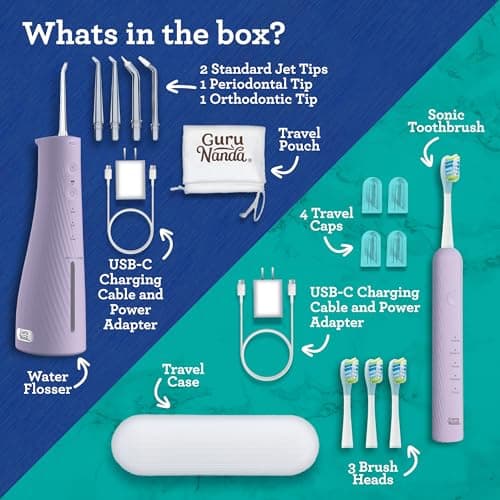 GuruNanda Lion & Lamb Kit 2.0, Electric Toothbrush with Water Flosser Combo, 4 Jet Tips, 4 Brush Heads, & IPX7 Waterproof Design for Complete Oral Care, Lavender 6