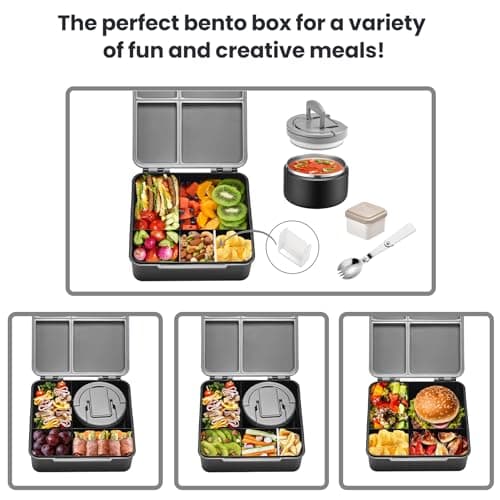 Bento Lunch Box with 8oz Soup Thermo,Kids Leakproof 4 Compartment Lunch Food Containers with Sauce Cup and Ice Pack,Kids Thermo Insulated Hot Food Jar and Lunch Bag for School,Trvael-Black 9