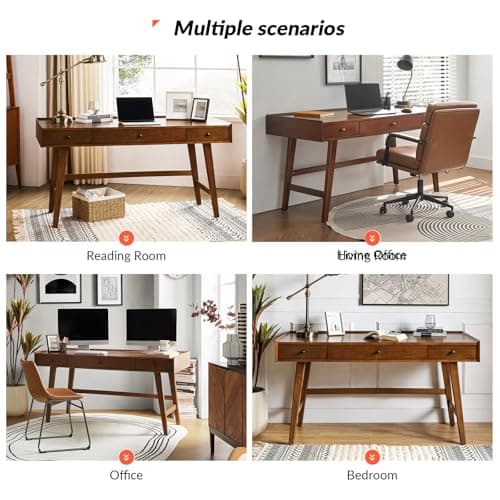 HULALA HOME Home Office Desk with 3 Drawers & Solid Wood Legs, Writing Table with Charging Station & Cable Management, Mid Century Modern Desk for Bedroom/Living Room/Study/Workstation, Walnut 8