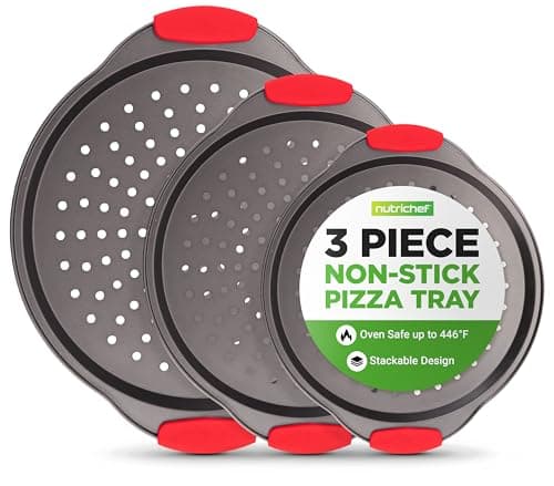 NutriChef 3-Piece Pizza Tray Set with Silicone Handles - Round Nonstick Pizza Pan with Perforated Holes, Durable Carbon Steel, Small, Medium, Large Sizes - Ideal for Crispy, Evenly Baked Pizzas (Gray)