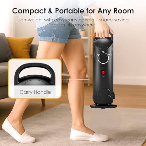 Air Choice 700W Oil Filled Radiator Heater, Oil Heaters for Indoor Use with Adjustable Thermostat & 2 Heat Settings, Overheat Protection, Ultra Quiet, Small Space Heater for Bedroom Office Desk, Black 5