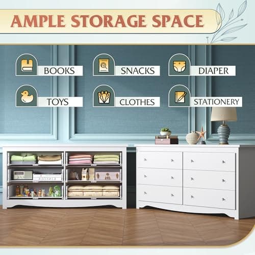 WLIVE White Dresser with 6 Drawer, 59“Wide Modern Chest of Drawers for Bedroom, Wood Large Storage Tower Unit, Closet Store Organizer for Living Room, Hallway 4