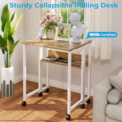 GreenForest Folding Desk Small Rolling Desk with Storage Shelf,24.8 inch Foldable Computer Desk with Wheels for Small Space,Easy Assembly,Oak 8
