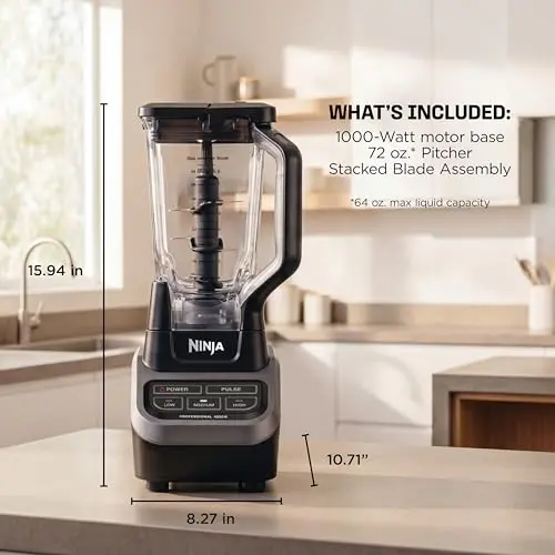 Ninja Professional Blender 1000W, Total Crushing Technology- Smoothies, Ice Crushing & Frozen Fruit, Full-Size Countertop Blender, 72-oz. Pitcher, Black & Grey, BL610 8