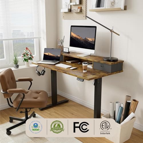 Agilestic 55 x 24 Inches Height Adjustable Electric Standing Desk with 2 Drawers, Stand Up Electric Desk Adjustable Height, Sit Stand Computer Gaming Table with Splice Board, Rustic Brown 5