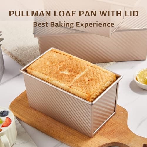 KITESSENSU Pullman Loaf Pan with Lid, 1 lb Dough Capacity Non-Stick Bakeware for Baking Bread, Carbon Steel Corrugated Bread Toast Box Mold with Cover for Baking Bread, Gold 5