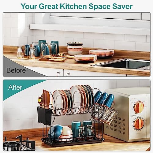 iSPECLE Dish Drying Rack - 2 Tier Small Dish Racks for Kitchen Counter with Drainboard, Utensil & Glass Holder, Small Dish Dryer Rack, Multifunctional Dish Drainer for Kitchen Organization, Black 5
