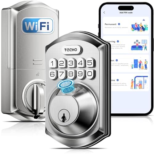 TEEHO TE012W WiFi Smart Lock, Fingerprint Door Lock with Built-in Wi-Fi, Keyless Entry Keypad Smart Deadbolt, App Remote Control, Alexa Compatible, IP55 Waterproof for Front Door – Satin Nickel