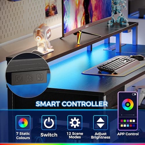 SUPERJARE 47 inch L Shaped Gaming Desk with LED Lights & Power Outlets, Reversible Computer Desk with Shelves & Monitor Stand, Corner Desk with Drawer, for Home & Office, Black 5