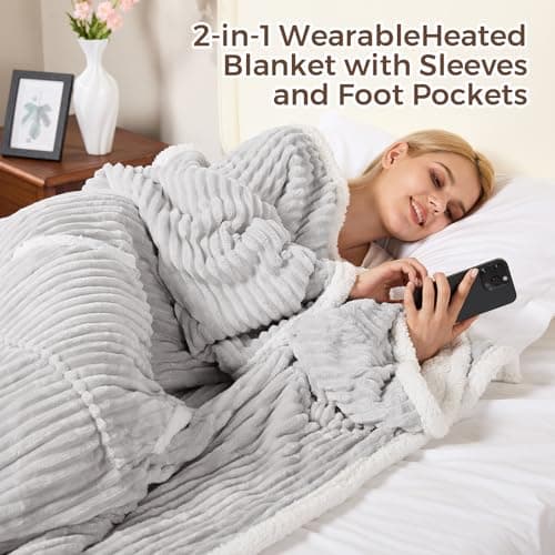 Electric Blanket Heated Throw, Soft Flannel & Sherpa Wearable Heated Blanket with Sleeves, Heating Wearable Blanket with 6 Heating Levels & 12H Auto Off, ETL Certified, Home Office Use 52x72 Inch Grey 6