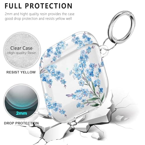 Wonjury Protective Clear Floral Case Cover with Cleaner Kit Portable Shockproof Women Girls with Keychain for Apple Airpods 2/1 Charging Case - Clear/Blue Flower 5