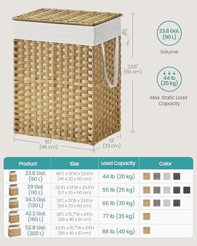 SONGMICS Laundry Hamper with Lid, 90L Clothes Hamper with 2 Removable Liner Bags, 6 Mesh Bags, Wicker Laundry Basket, Double Laundry Hamper for Bathroom, 13 x 18.1 x 23.6 Inches, Natural ULCB251N01V1 6