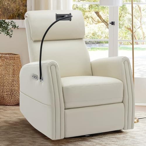 COLAMY 270 Power Swivel Glider Recliner Chair with Removable Mobile & iPad Holders, PU Leather Reclining Rocker with Built-in USB & Type-C Charging Ports for Nursery, Living Room & Office, Beige