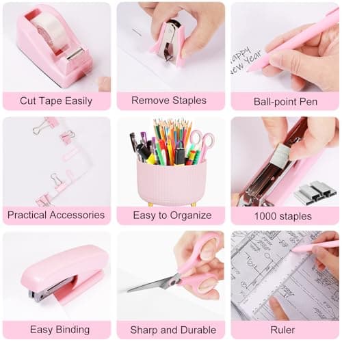 Gawsey Desk Organizers and Accessories Set with 360-Degree Rotating Pen Holder, Tape Dispenser, Stapler, Staple Remover, 1000 Staples, Tape, Clips Set, Ruler, Scissor, Pen 5