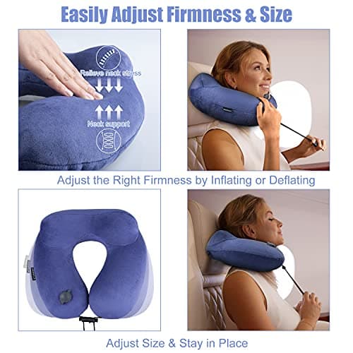 Extra-Compact Travel Neck Pillow, 100% Soft Velvet Inflatable Neck Support Airplane Pillows with 3D Eye Mask and Earplugs for Adults Kids, Best Travel Essentials for Sleeping / Reading / Camping(Blue) 5