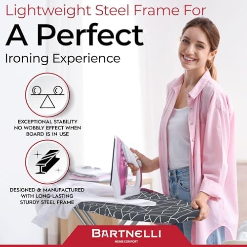 Bartnelli Compact Ironing Board 13x43 Iron Surface Patent Folding System with Adjustable Height, 4 Layered Cover and Pad, Hanger, Iron Mat 5