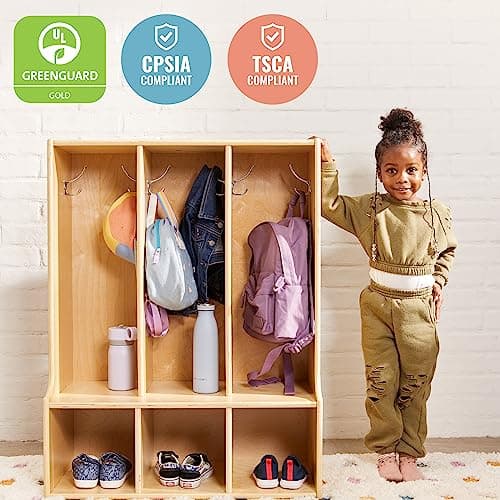 ECR4Kids Streamline 3-Section Toddler Coat Locker with Bench, Classroom Furniture, Natural 5
