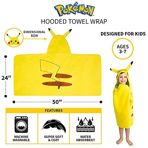 Pokemon Pikachu Bath and Beach Soft Cotton Terry Hooded Towel Wrap, 24" x 50", (Officially Licensed Product) by Franco 5
