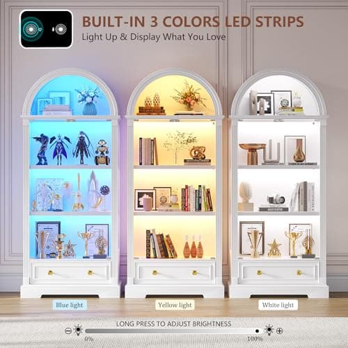 Dystler Lighted Display Cabinet with Glass Doors, 72" Tall Curio Cabinet - 4 Tier Display Case with Human Sensor Lights, Bookcase for Collectibles Toys Books, White 5