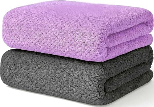 Wuwahold 2 Pack Bath Towel Set, Waffle Bath Towel Set, Super Soft Highly Absorbent, Sturdy Quick Drying Towels for Bathroom, Gym, SPA, Yoga (2 Piece 27" x 55", 1Grey+1Purple)