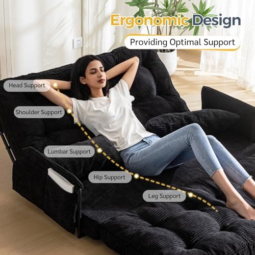 MAXYOYO Adjustable Floor Sofa Couch with 2 Pillows, Multi-Functional Bean Bag Bed, 5-Position Foldable Lazy Sofa Sleeper Bed with Armrest, Versatile Floor Seating for Reading, Black, Double 7