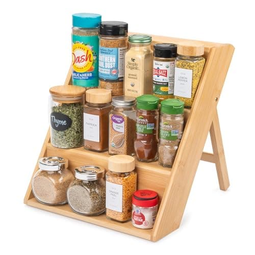Bamboo Spice Rack Organizer for Kitchen Countertop (No Jars Included) – Sturdy 3-Tier Wooden Shelf, 11"D x 11.61"W x 14"H, Foldable Storage with Non-Slip Base