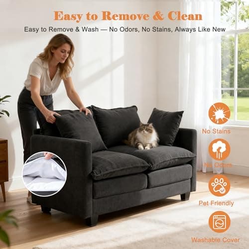 MUDANT Loveseat Sofa Cloud Sofa Couch 50'', Modern Loveseats 2 Seat Couch 27" Deep Seat with 2 Pillows for Small Spaces Apartment Studio Office Bedroom Living Room 8834-BLACK 5