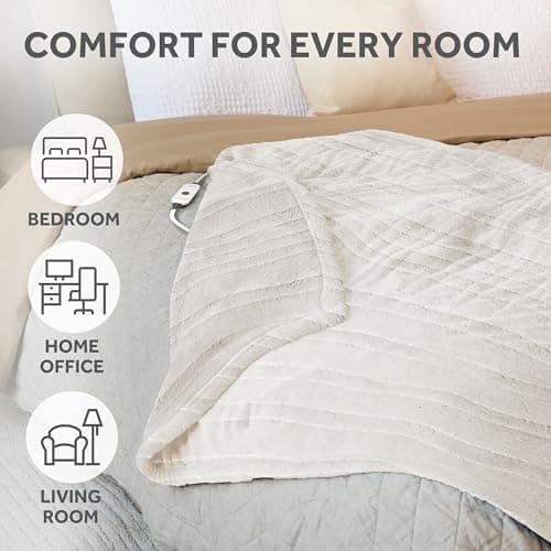 Sunbeam Royal Sherpa Foot Pocket Heated Throw Electric Blanket, 50" x 60", 4 Heat Settings, 4-Hour Auto Shut-Off, Warming Throw for Couch or Bed, Fast Heating, Machine Washable, Natural 6