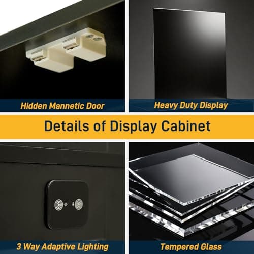 Ceruvia Tempered Glass Display Cabinet 5.5 FT with 3CCT Motion Sensor Light, 4-Tier Curio Case for Collectibles, Storage Woode Shelf with Glass Doors, Bookcase, Showcase, Black 7