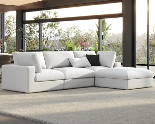 PaPaJet Modular Sectional Sofa, 114 Inches Oversized Down Filled Sectional Sofa, 4 Seats L Shaped Comfy Couch with Chaise, Ottoman, Could Sofa for Living Room, White Linen Couch Set