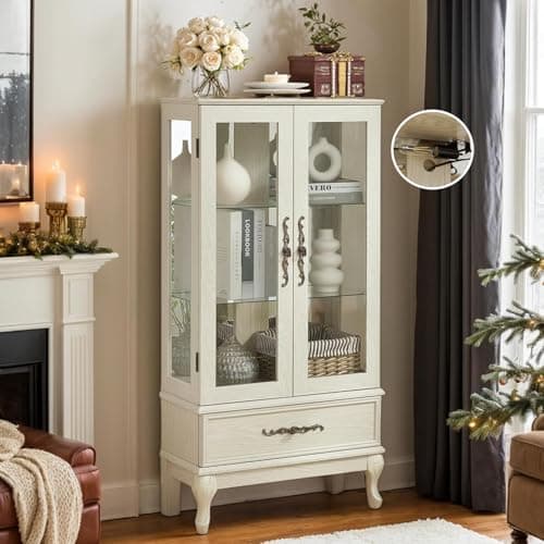 52" Lighted Accent Curio Cabinet, 3-Tier Antique Storage Cabinet with Tempered Glass Adjustable Shelves & Drawer, Acrylic Panel, Light Blub Included, China Display Case for Living Room (Antique White)