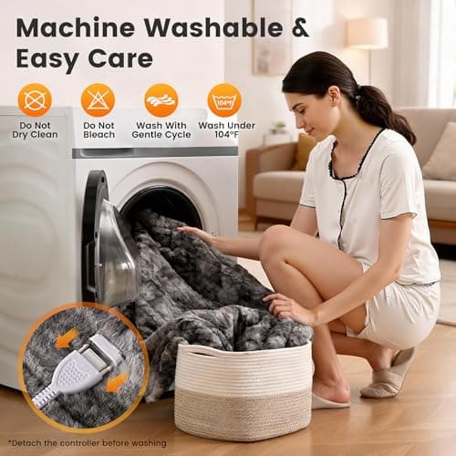 WOOMER Heated Blanket King Size 100" x 90", Electric Blanket with Dual Controllers, 0.5-12 Hours Timer & 10 Heating Levels, ETL Certified, Marble Gray Double-Sided Faux Fur, Machine Washable 7