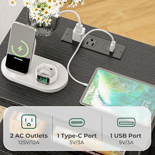 Huuger 5 Drawers Dresser with Charging Station, Dresser for Bedroom, Tall Night Stand, Chest of Drawers with Open Shelf, Bedside Table Nightstand, Fabric Storage Drawers, for Entryway, Black 4