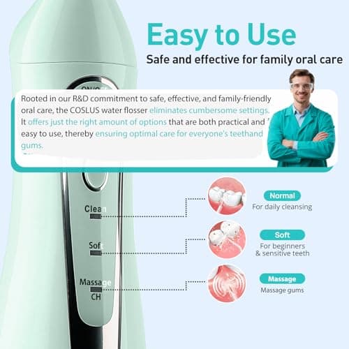 COSLUS Water Dental Flosser Teeth Pick C20(F5020E): Portable Cordless Oral Irrigator 300ML Rechargeable Travel Irrigation Cleaner IPX7 Waterproof Electric Flossing Machine for Teeth Cleaning, Green 5