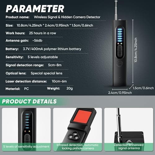 SINBEN Hidden Camera Detectors and Bug Detectors, 2025 Anti-Spy Cameras Finder Detector, GPS Hidden Camera Detector, Tracking Device Detectors, Cameras Detector for Hotels, Home, Office (Black) 6