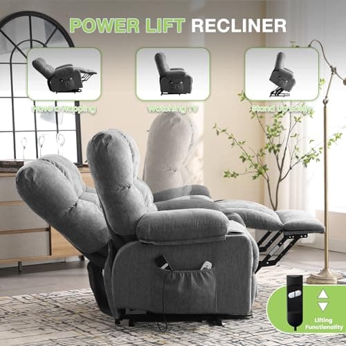 BOSMILLER Power Lift Recliner Chair for Elderly with Massage and Heat,Electric Lift Recliner Chair with Cup Holder,2 Side Pockets and USB Charge Port for Living Room,Grey 5