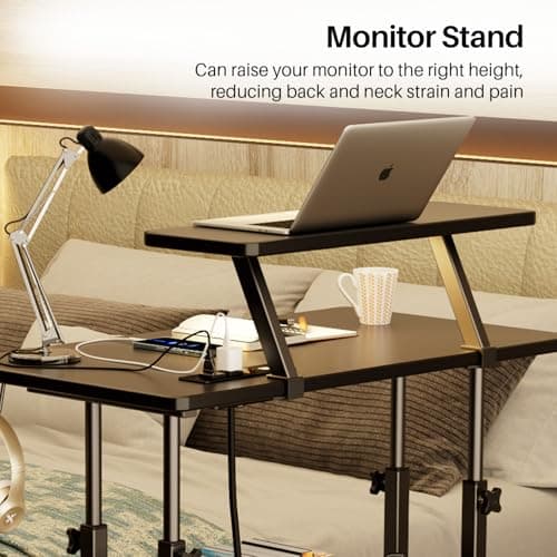 Adjustable Height Standing Desk with Power Outlets, Rolling Stand Up Desk with Monitor Stand and Storage Shelves, 31.5" Small Mobile Computer Desk, Portable Laptop Table (Black with Monitor Stand) 5