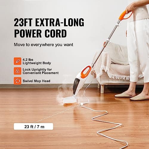 VEVOR Steam Mop, 5-in-1 Hard Wood Floor Cleaner with 4 Replaceable Brush Heads, for Various Hard Floors, Like Ceramic, Granite, Marble, Linoleum, Natural Floor Mop with 2 pcs Machine Washable Pads 8