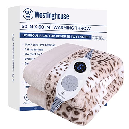 Westinghouse Heated Throw Blanket, Leopard Electric Throw Blanket, Luxury Faux Fur to Flannel Reversible, 6 Heating Levels & 2-10 Hours Time Setting, Machine Washable(Throw, 50"x60")