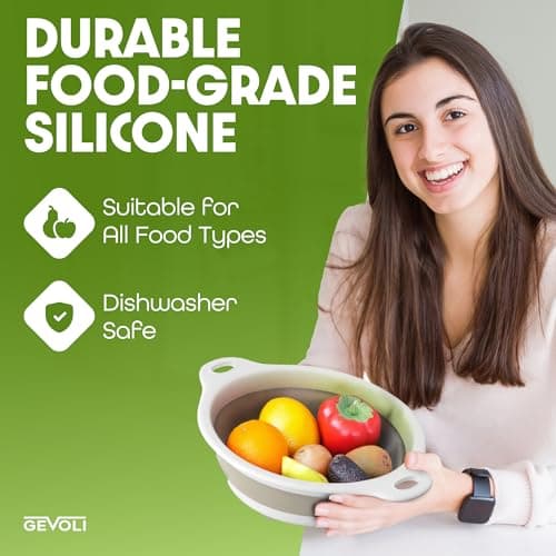 Collapsible Colanders (2 Pack Set) Food Strainers with Over-Sink Water Draining Base for Pasta Fruits and Vegetables (4 and 5 Quart) - White Beige 6