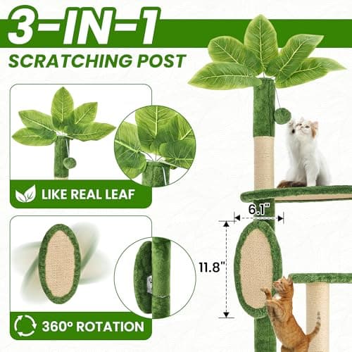 Nineshi 55 Inch Large Cat Tree Tower for Indoor Cats with Hammock Green Leaves Sisal Scratching Post, Plush Hang Ball Play Furniture for Kittens & Adult Cats, Green 5