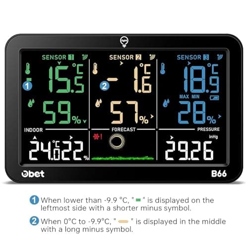 OBET Weather Station Wireless Indoor Outdoor Thermometer Wireless, Color Display Digital Temperature and Humidity Monitor with 3 Sensors, Alerts, Adjustable Backlight, USB Port (500 Feet) 8