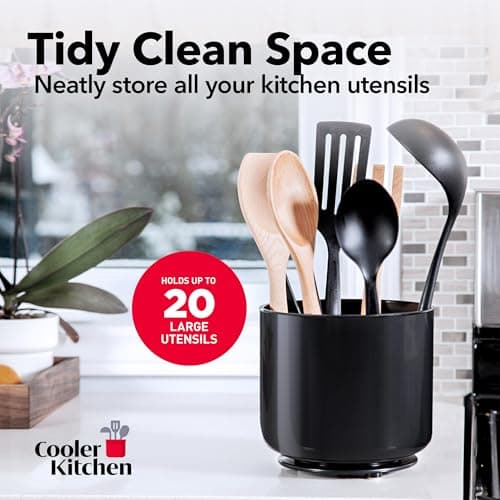 Cooler Kitchen Jumbo Extra Large Sturdy Rotating Black Utensil Holder Caddy with No-Tip Weighted Base, and Gripped Insert - Rust Proof and Dishwasher Safe Kitchen Utensils Holder 9