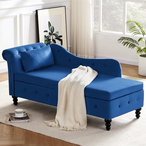 Weture Tufted Velvet Chaise Lounge Indoor with Storage, Upholstered Rolled Arm Lounge Chair with Nailhead Trim, Button Tufted Chaise Lounge for Living Room Bedroom Office, Blue