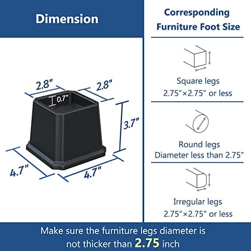 Ahasolid Bed Risers 3 Inch Heavy Duty, Furniture Risers for Bed Frame, Couch, Desk, Chair, Lifts Up to 1,500 lb, Set of 8, Black 6