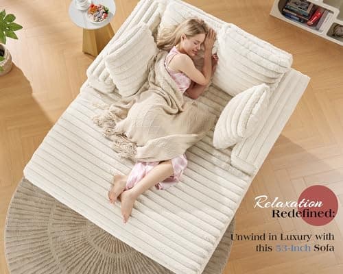 VanAcc 58 Inch Chaise Lounge Indoor, Upholstered Sofa Bed with Throw Pillows and Armrests, Sleeper Chair- Plush Chair Bed for Living Room, Off-White 6