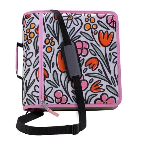 Case-it Mighty Zip Tab School Zipper Binder | 3-Inch O-Rings, 600-Sheet Capacity, 5-Subject Expanding File Folder, Multiple Pockets & Storage Organizer, Shoulder Strap | D-146 Fun Flowers