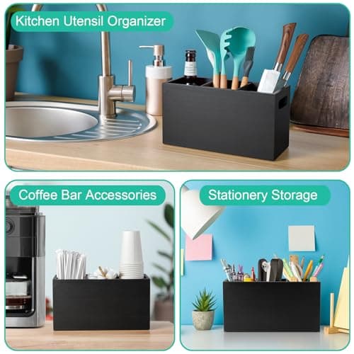 ALELION Black Kitchen Utensil Holder for Countertop - Wooden Large Utensil Caddy Organizer for Counter - 3 Compartment Cooking Utensil Crock for Silverware Spoon Spatula 6