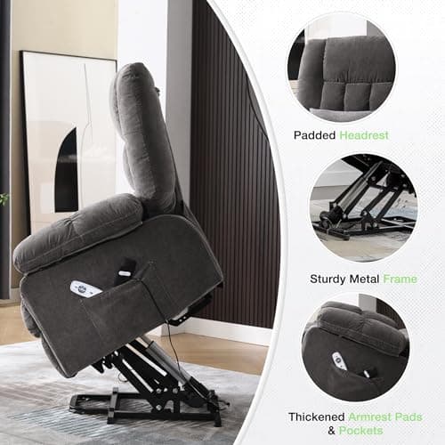 BOSMILLER Power Lift Recliner Chair with Massage and Heat for Elderly,Electric Lift Chair with USB Charging Runction and Side Pockets, Suitable for Living Rooms and bedrooms,Grey 6
