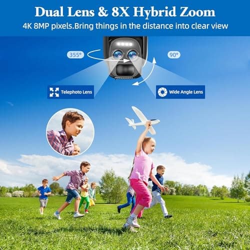 Uniter 4K Solar Security Camera Wireless Outdoor, 8MP 2.4GHz WiFi PTZ Camera Battery Powered, 360°View Home Security Systems with Color Night Vision,Spotlight Siren,PIR Sensor, 2 Pack, Black 6